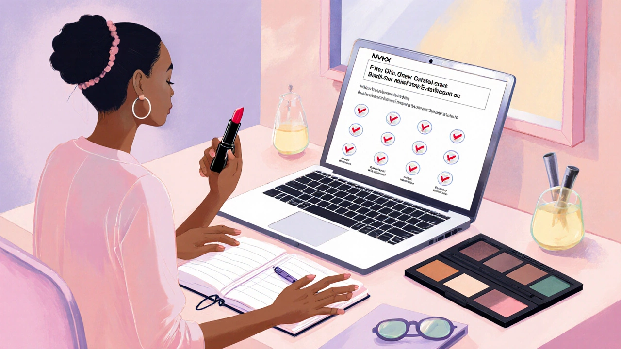 Beauty shopper comparing NYX lipstick with certified alternatives at a vanity.