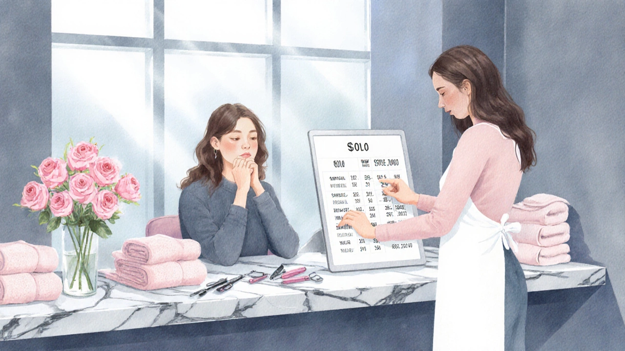 Client reviewing a price list with a stylist, highlighting hidden fees.