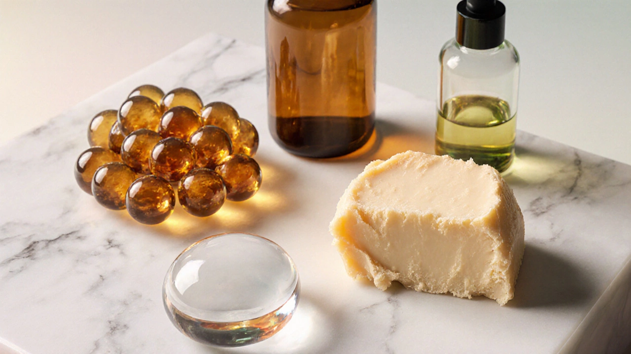 Close‑up of hyaluronic acid gel, ceramide spheres, shea butter and jojoba oil on marble.