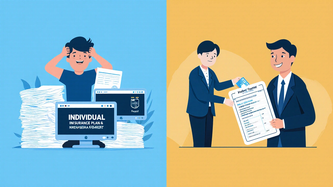 Contrasting scenes of complex individual insurance paperwork versus simple employer-provided health card.