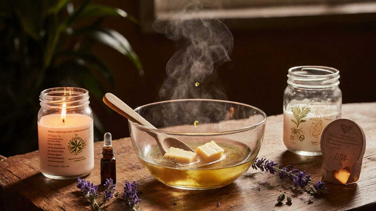 Evening DIY moisturizer mixing bowl with shea butter, jojoba oil, vitamin E and elegant jars.