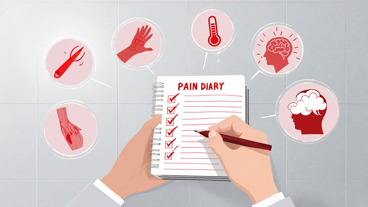 Hand holding a pain diary surrounded by icons of red‑flag symptoms like sharp pain and fever.