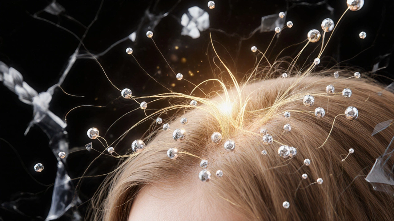 Healthy hair follicle with micro-beads and natural hair strands glowing softly against damage symbols.