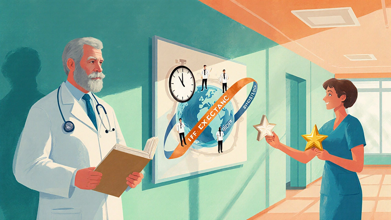 Illustrated hospital hallway showing life expectancy ribbon, doctor silhouettes, and a patient giving a gold star.
