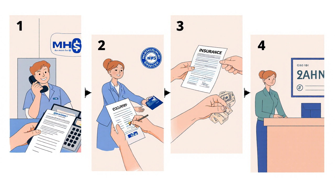 Illustrated sequence showing phone call, quote, insurance check, contract signing, and receipt submission.