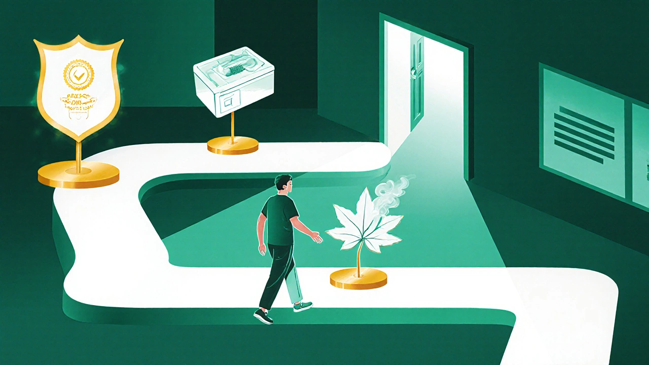 Illustration of a path with symbols for surgeon credentials, quality implants, and non‑smoking, leading to an operating room.