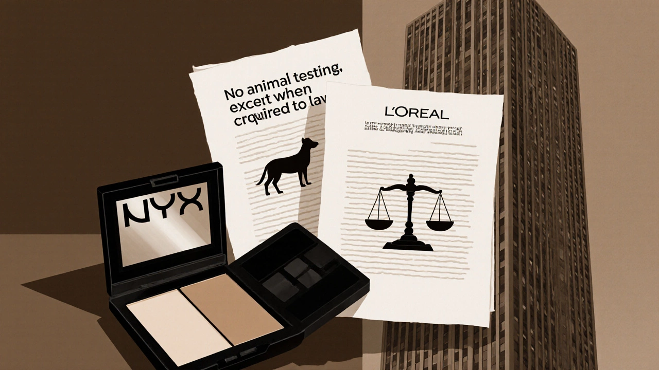 Illustration of NYX product beside L'Oréal tower with policy documents and a scale.
