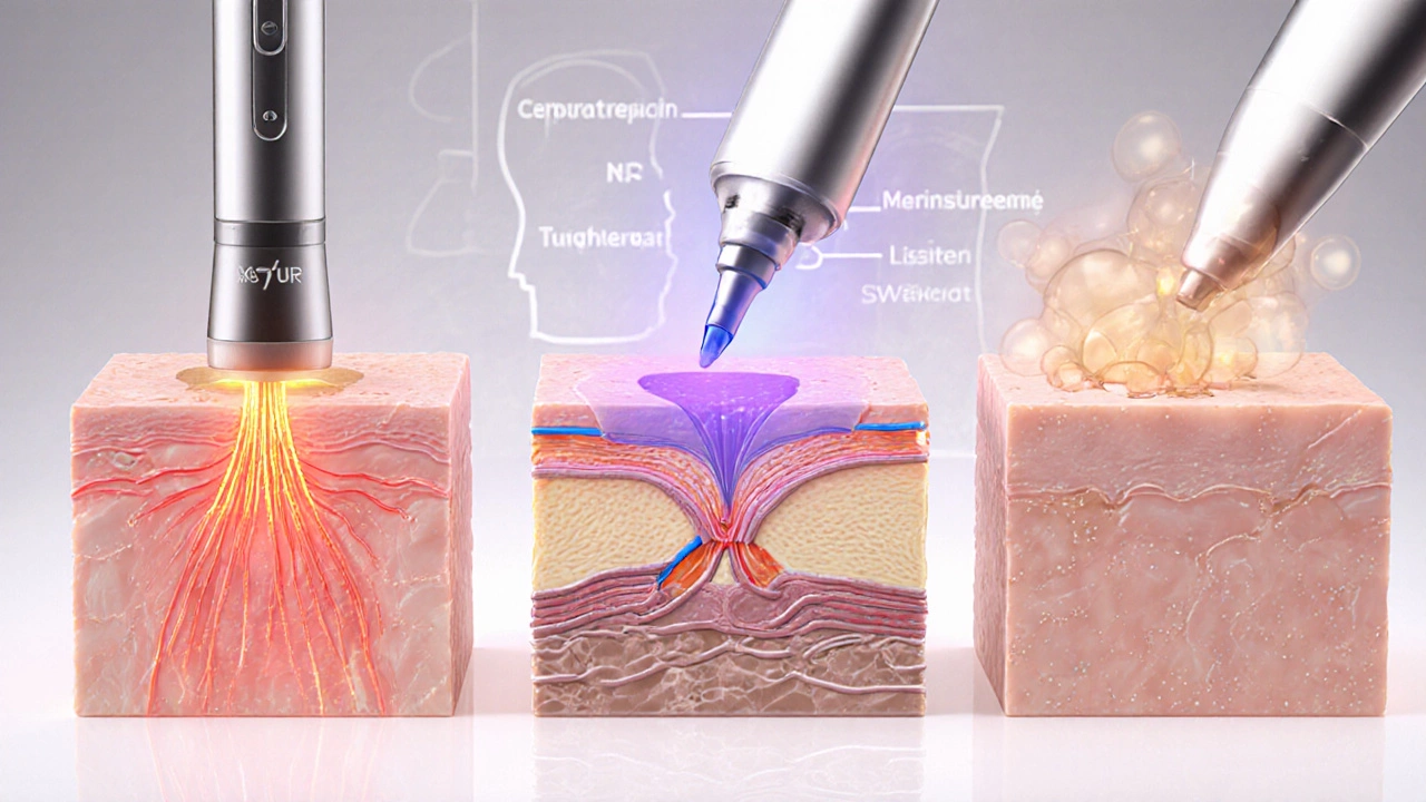 Illustration of RF, Ultherapy, and microneedling with RF treatments targeting skin layers.