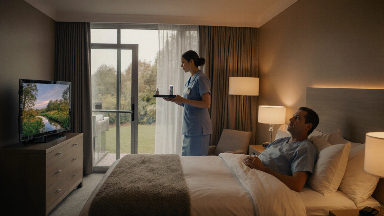 Patient resting in a tranquil private NHS room with a nurse bringing medication.