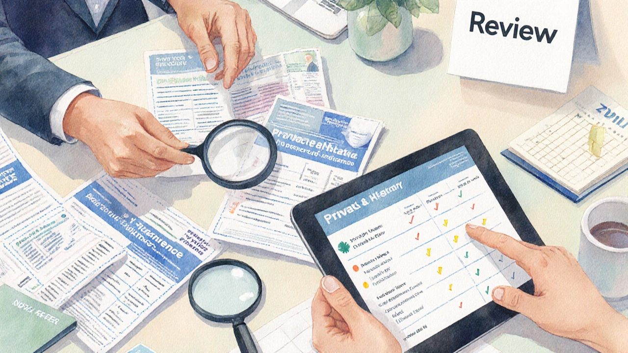 Person comparing insurance brochures at a desk with calendar and discount voucher, planning savings.