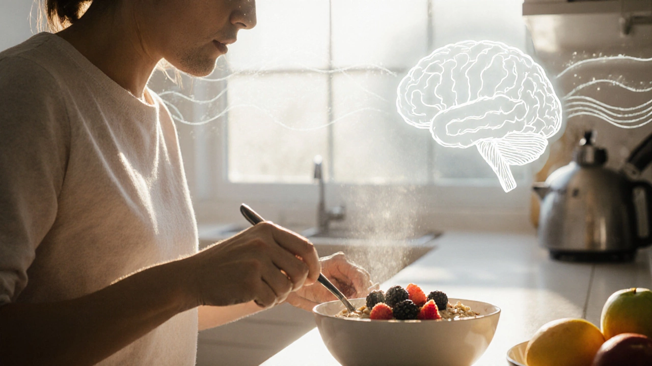 Person making a healthy breakfast in a bright kitchen, symbolizing lifestyle support.