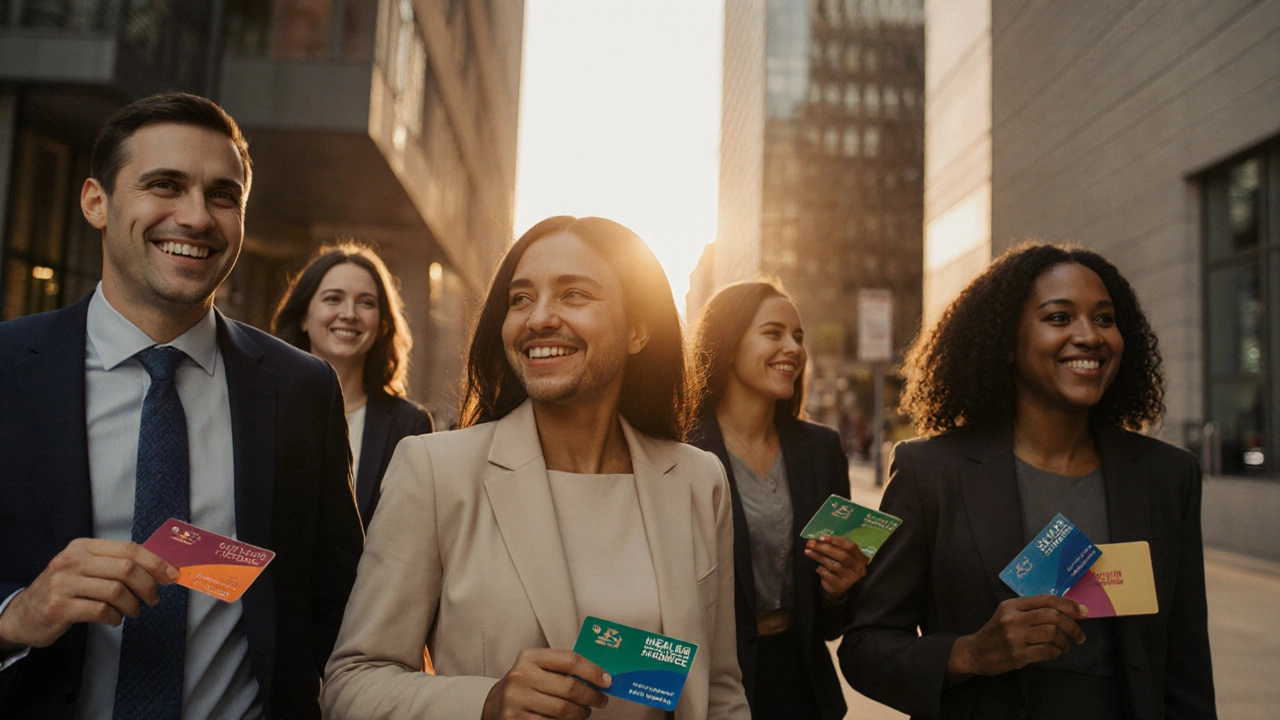 Professionals exiting a building at sunset, each holding a health insurance card under golden light.