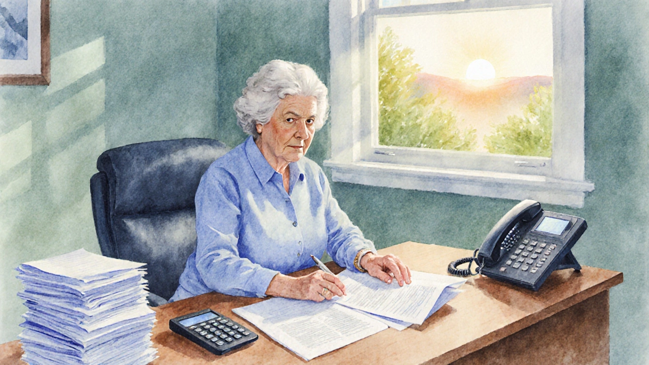 Senior woman reviewing documents and using a phone to apply for aid.
