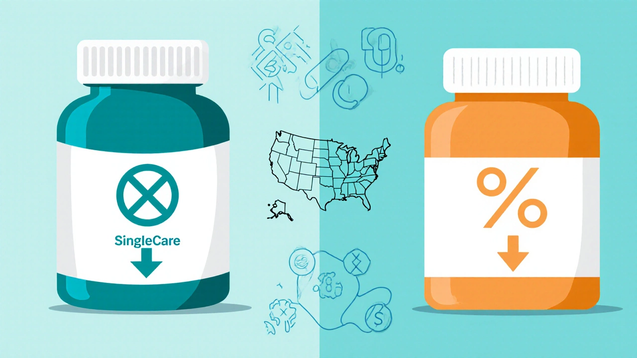 Split-screen illustration comparing a generic drug discount on the left with SingleCare and a brand drug discount on the right with GoodRx.