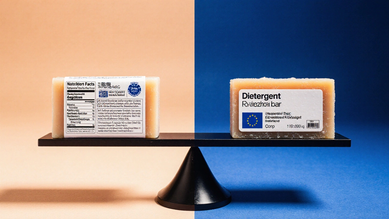 Split view comparing US and EU soap labels with a scale balancing soap types.