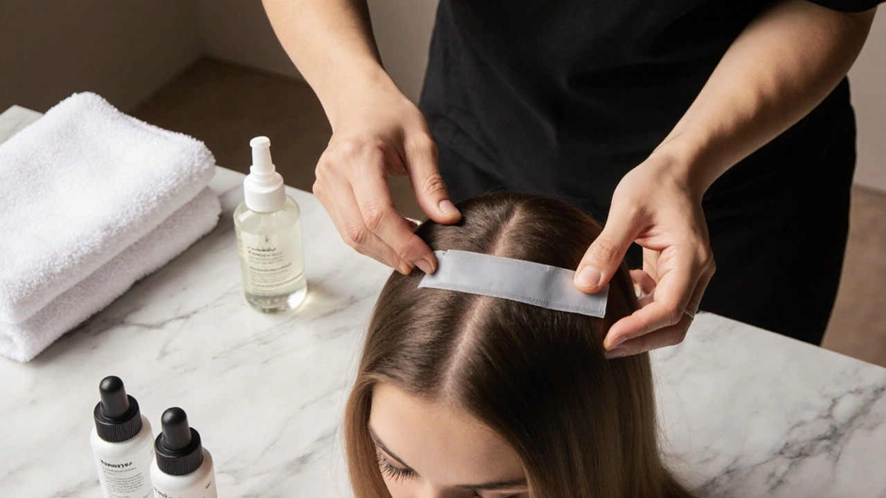 Stylist carefully removing tape-in extensions with specialized solvent in a clean salon setting.