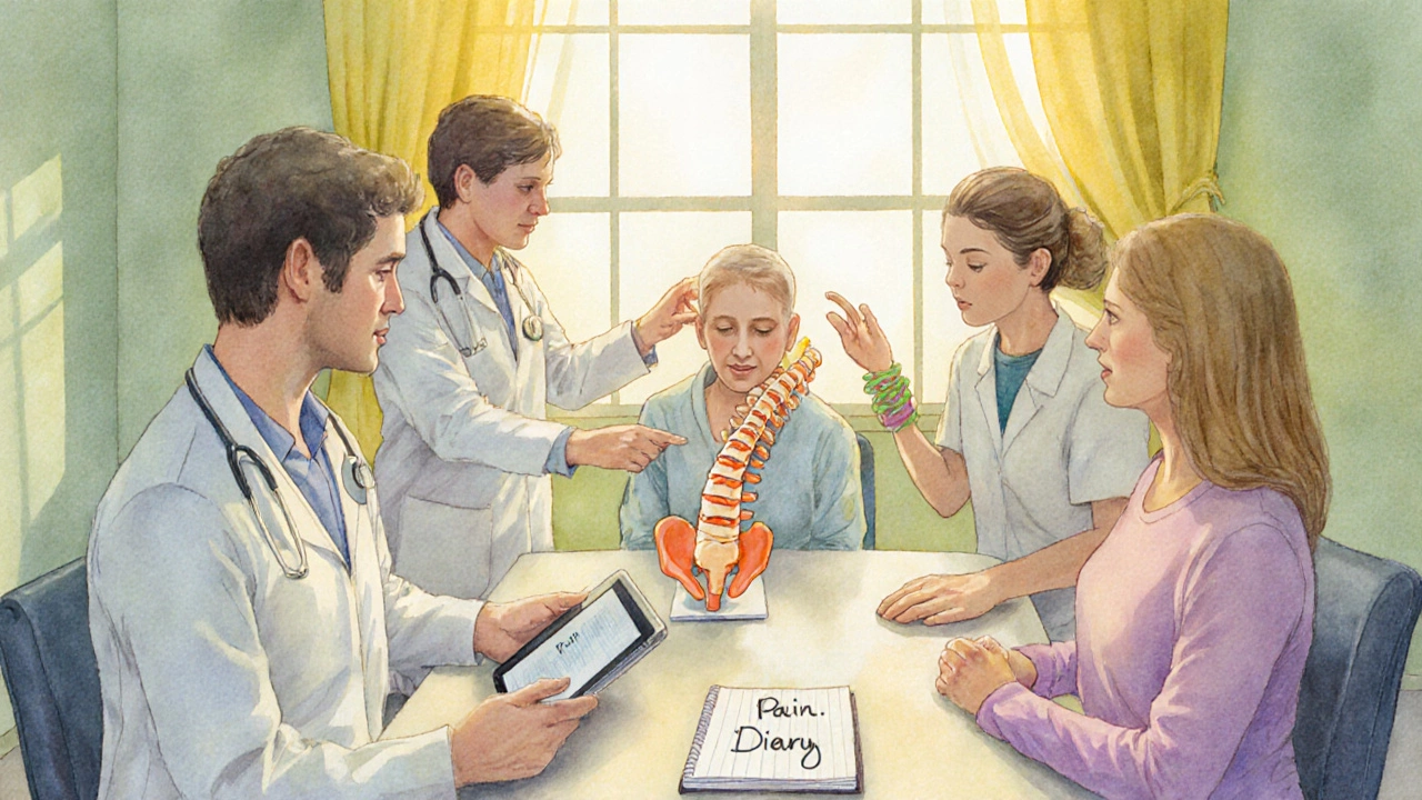Team of doctors, therapist, and counselor discussing care with a patient in a sunny room.