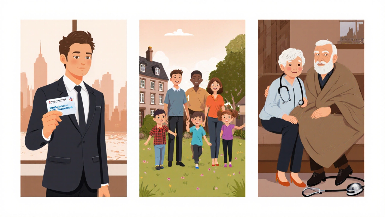 Three scenes showing a single professional, a family of four, and an elderly couple considering private health plans.