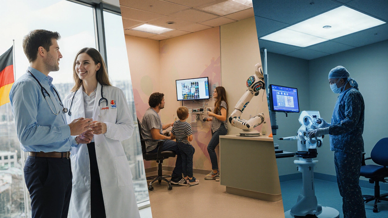 Three side‑by‑side scenes: German clinic with English‑speaking doctor, Swedish family health check, Swiss high‑tech surgery.