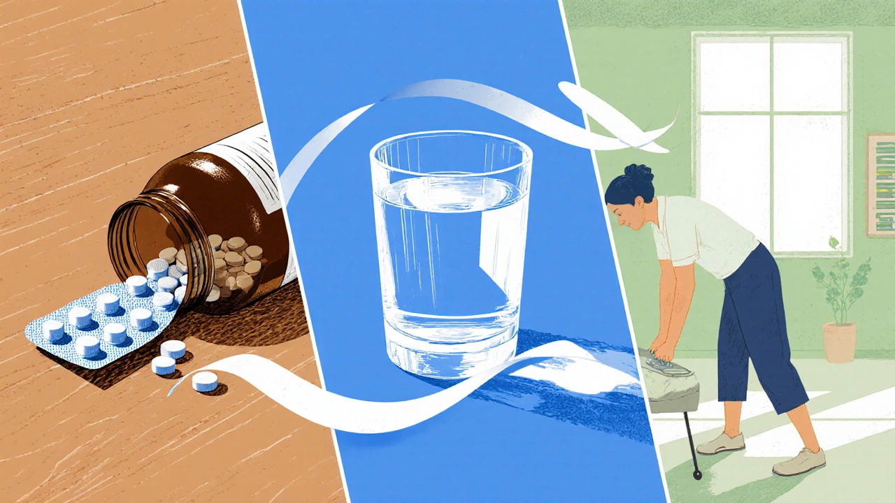 Three treatment scenes: OTC pills, prescription capsules, and physiotherapy stretch.