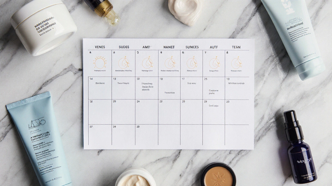 Top‑down view of a week‑long skincare calendar with minimalist icons and key products on marble.