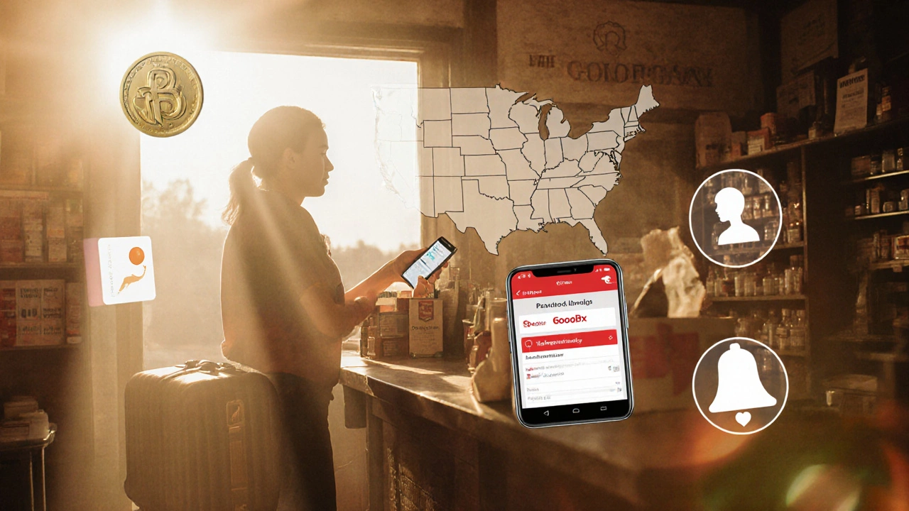 Traveler in a rural pharmacy using a phone to compare discount apps, with symbols for cash back and telehealth.