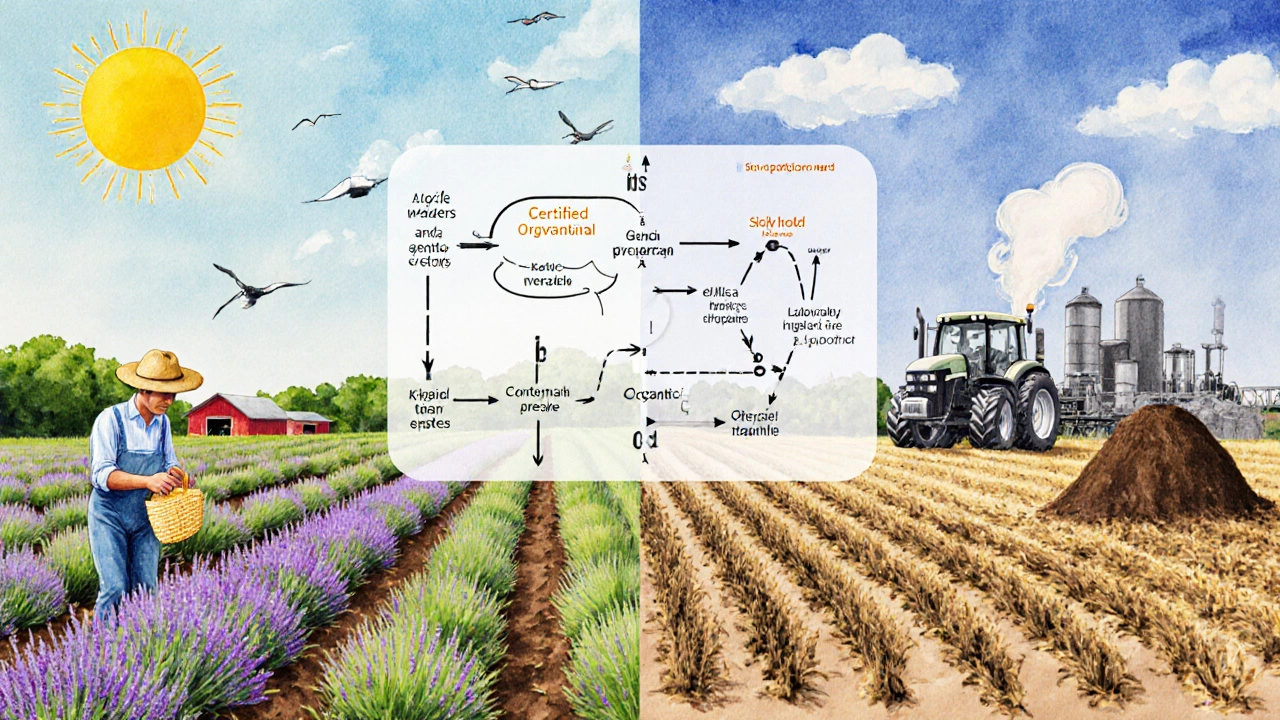 Watercolor split scene contrasting organic farm fields with conventional chemical farming.