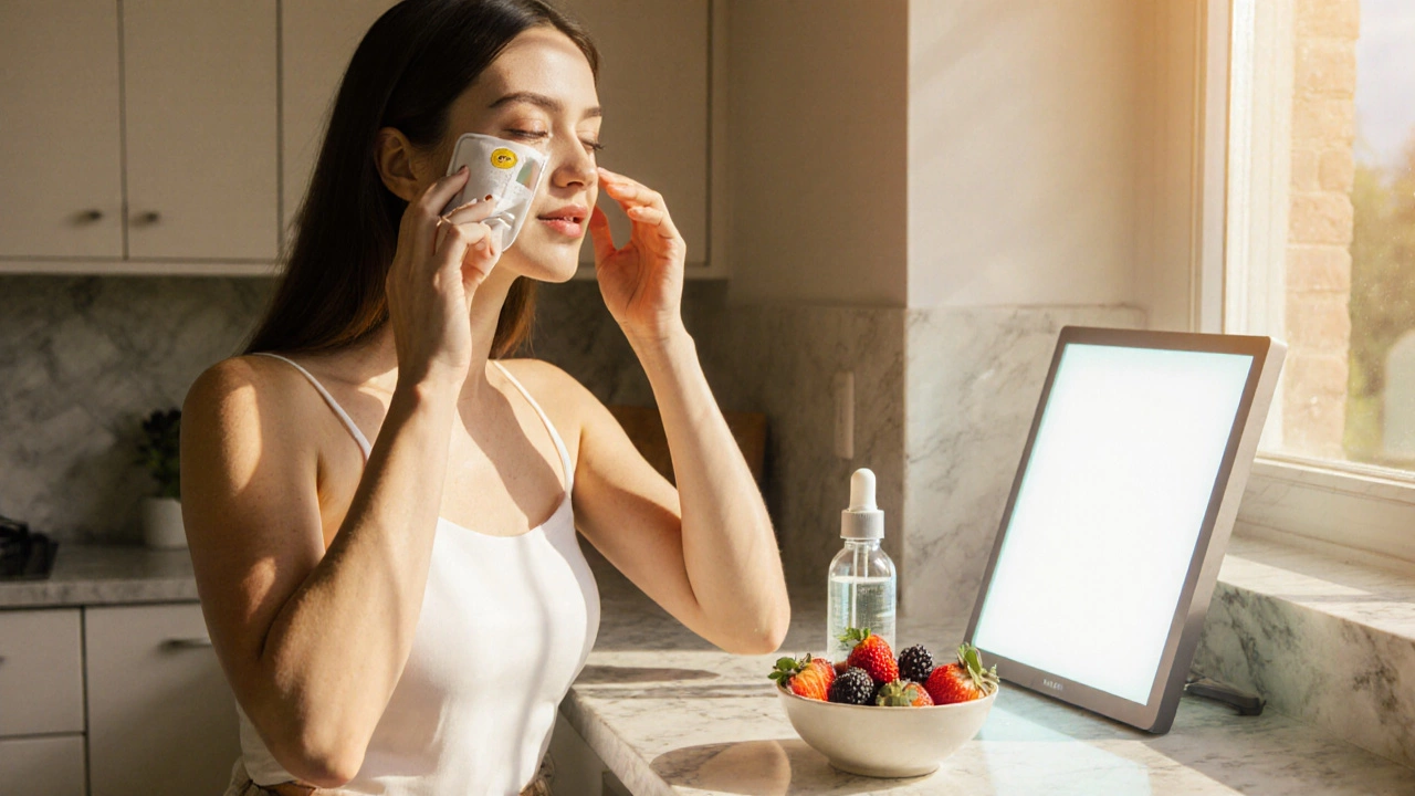 Woman applies sunscreen in bright kitchen, with serum, berries, and LED panel for after‑care.