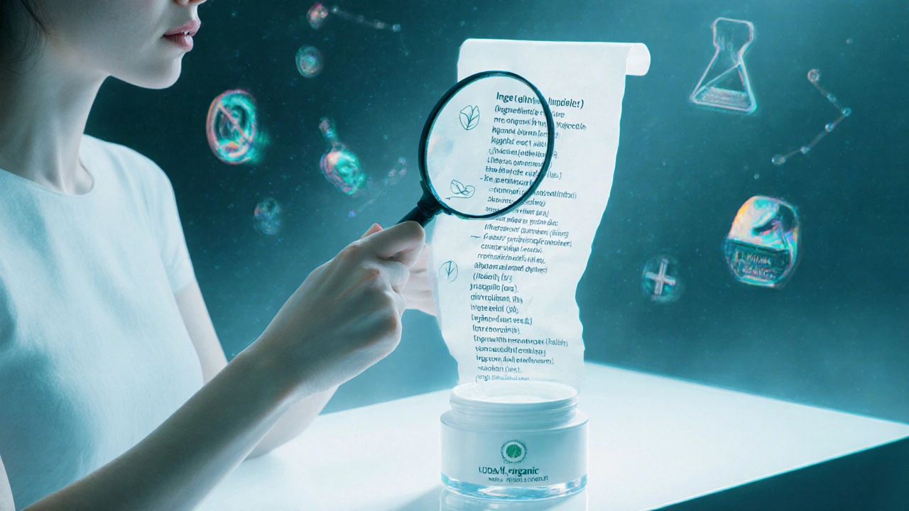 Woman examining a moisturizer jar with floating ingredient icons and faint certification logos.