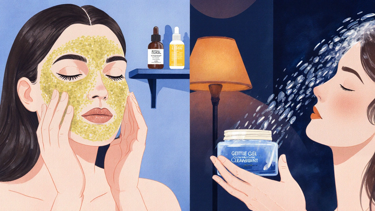Woman performing night double‑cleanse with oil and gel cleansers in a softly lit bathroom.