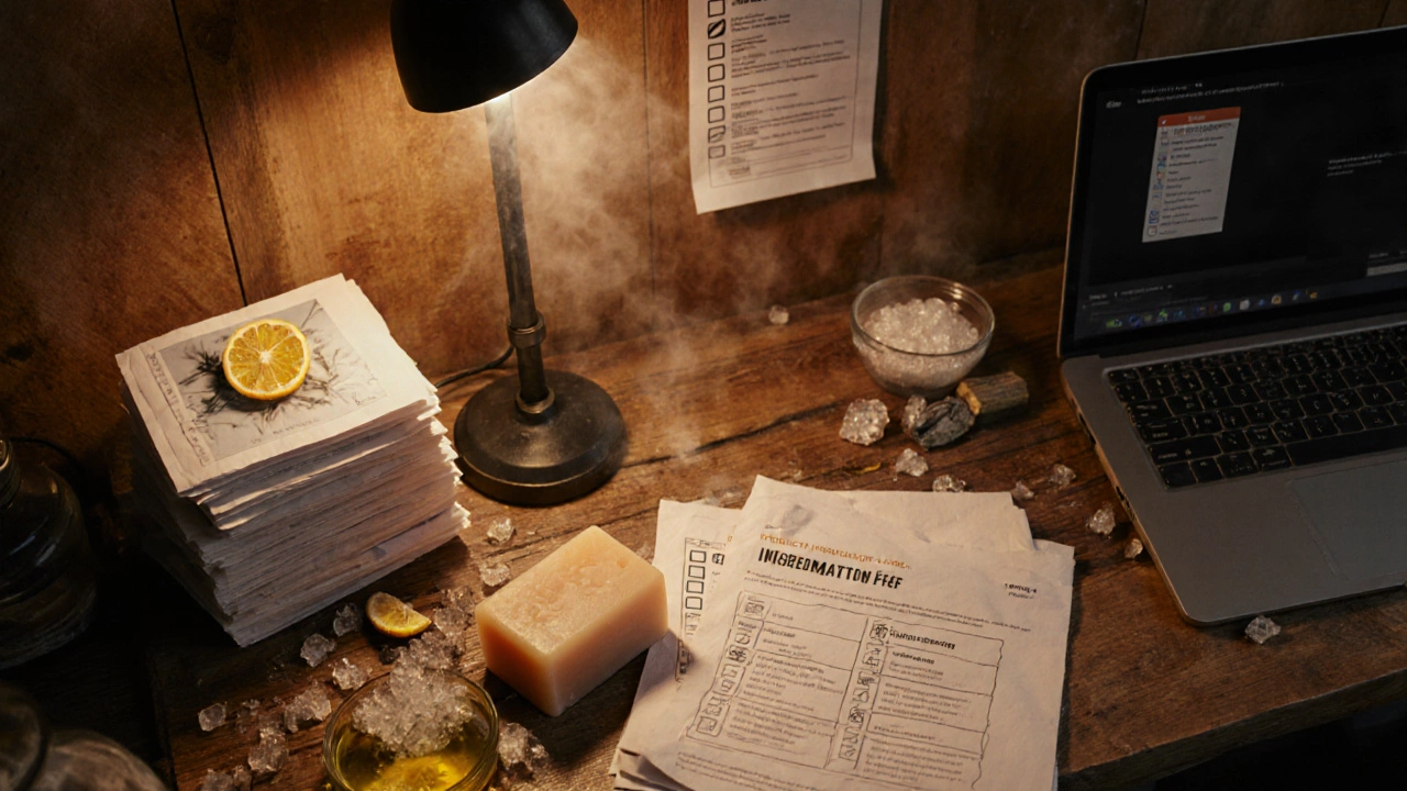Workshop top‑down showing soap ingredients, paperwork, and a label prototype.