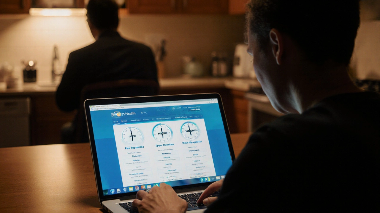 A person at a kitchen table comparing health plans as a clock ticks toward enrollment deadline.