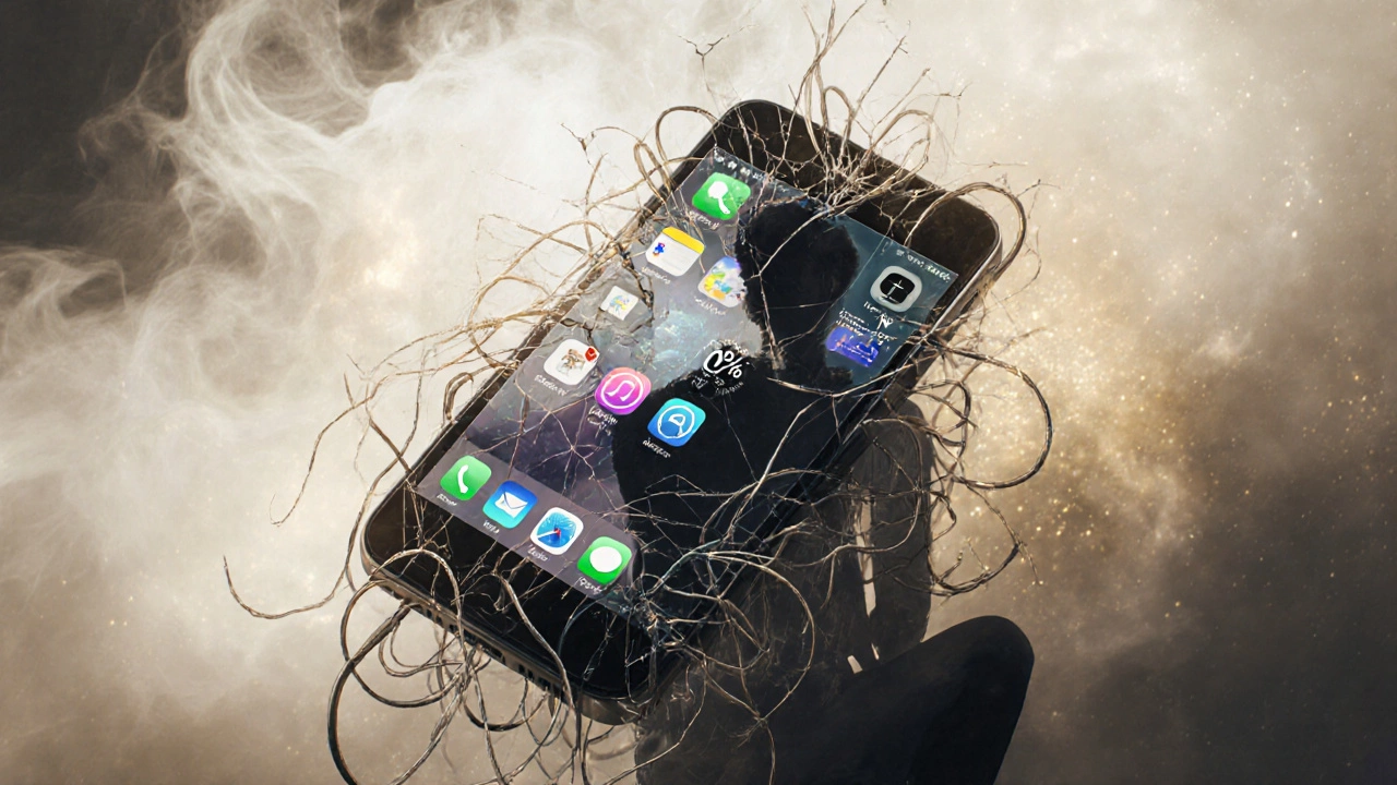 An abstract smartphone with overloaded apps and low battery, symbolizing mental exhaustion.