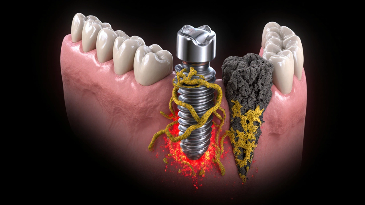 Cross-section of a dental implant with healthy bone on one side and decayed bone with bacterial infection on the other.