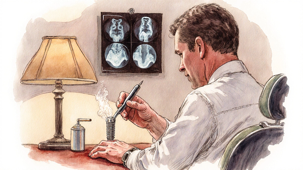 Dentist measuring bone loss around an implant using a probe, with X-ray visible in background.