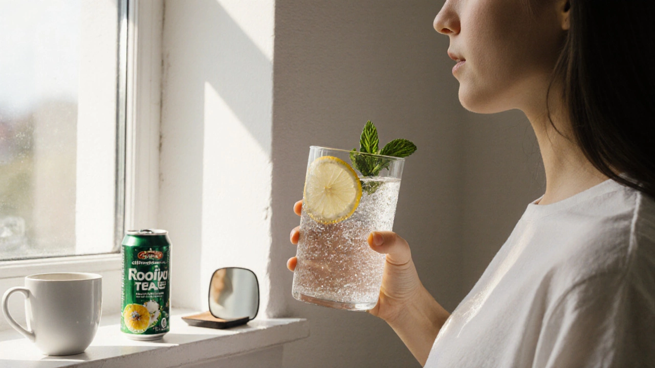 Glass of sparkling water with lemon beside discarded caffeine drinks