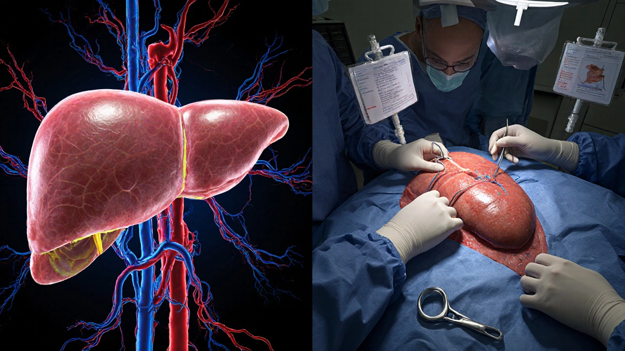 Liver transplant surgery with major blood vessels and transfusion equipment during organ replacement.