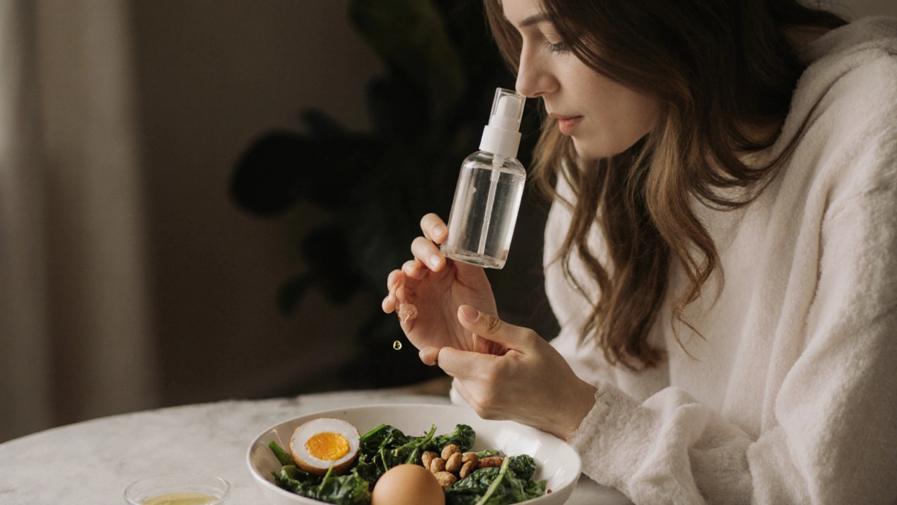 Person hydrating hair with mist while eating nutrient-rich foods nearby
