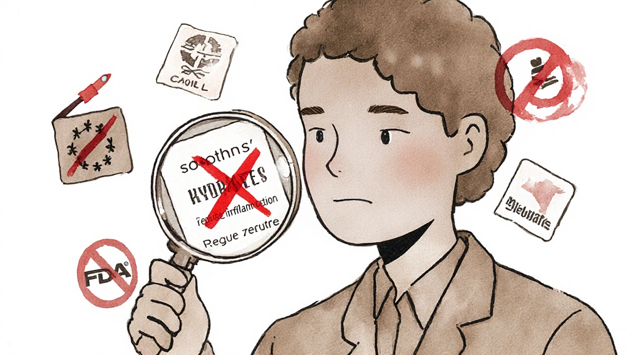 Regulatory inspector examining a skincare label, crossing out a drug claim while approving safe wording.