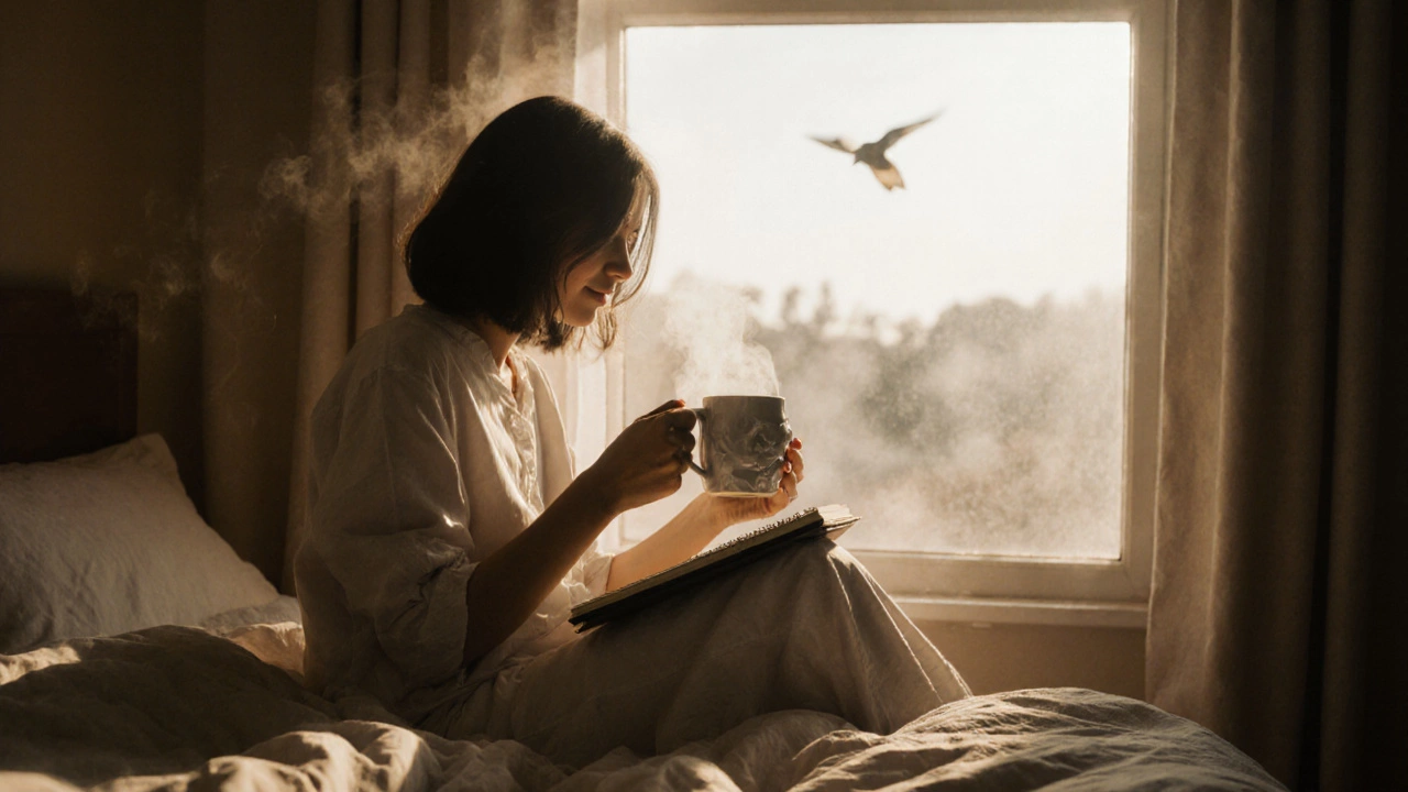 Someone opening a window at morning light, holding a journal and mug in quiet solitude.