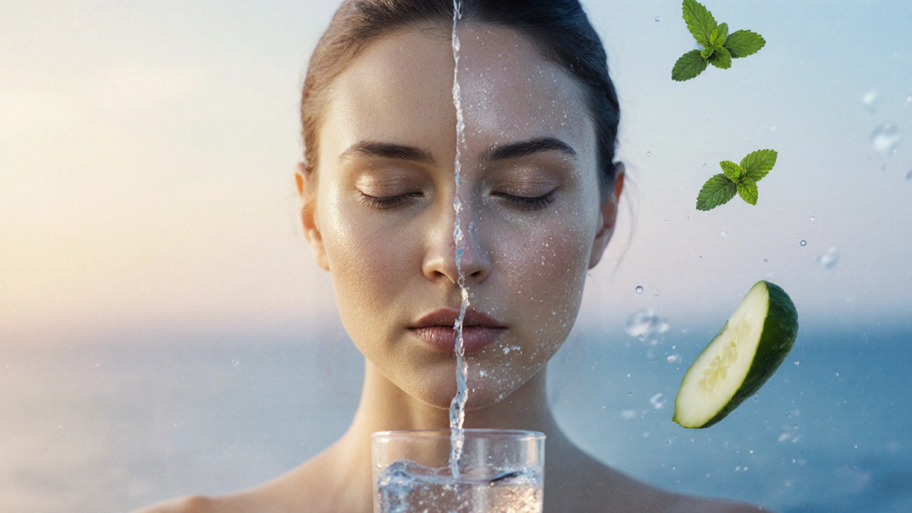 Split-image of a face transitioning from dehydration to radiant hydration