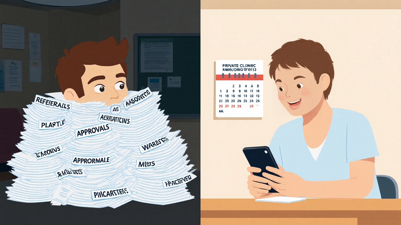 Split image: one side shows overwhelmed paperwork in public healthcare, the other a person receiving digital care in a bright private clinic.