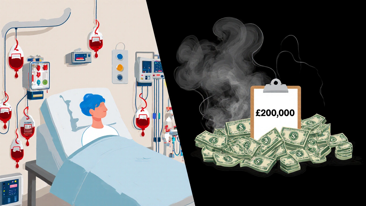 Split image showing a patient in ICU surrounded by medical costs, symbolizing financial burden of complex surgery.