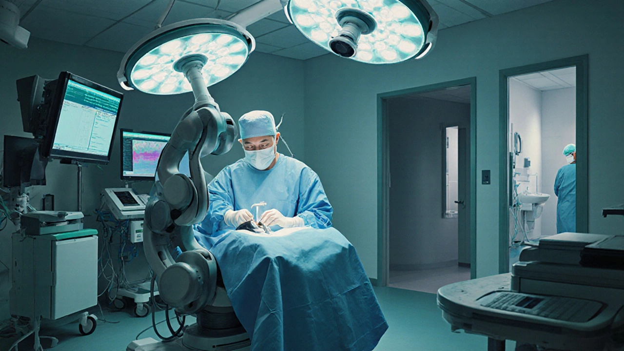 Surgeon using robotic system in a modern private operating room, with a quiet recovery room in the background.
