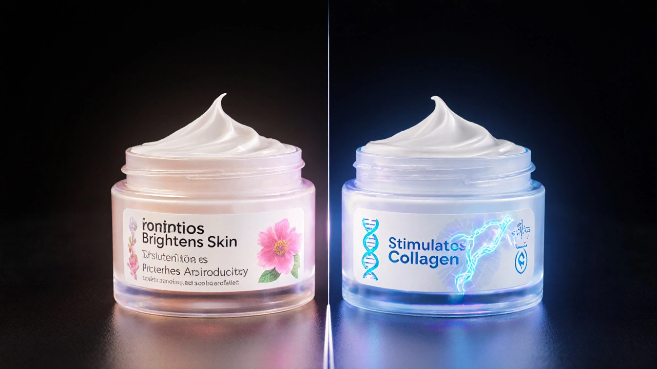 Two identical cream jars labeled differently—one as cosmetic, one as drug—divided by a legal boundary.