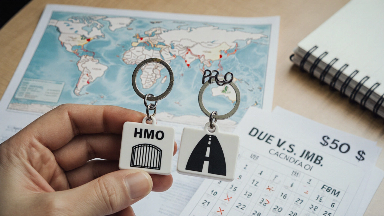 Two keychains representing HMO and PPO plans with network maps and cost comparisons on a table.
