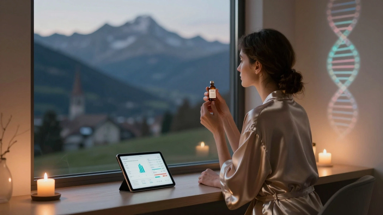 A client at a Zurich retreat holding a personalized anti-aging serum with mountain views and soft ambient light.