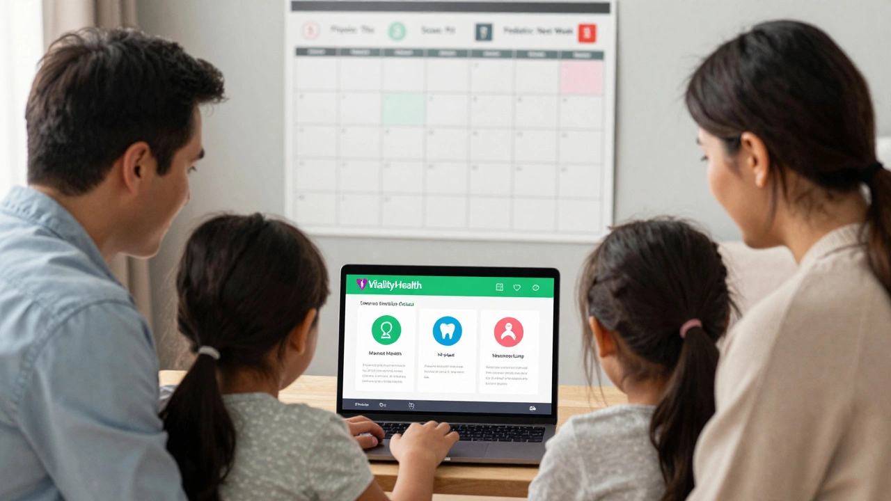 A family viewing their private healthcare plan with coverage options on a laptop at home.