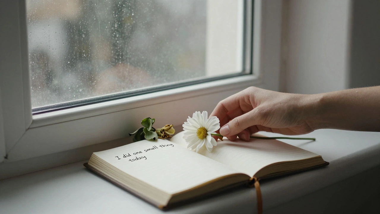 A hand placing a flower beside a wilting plant by a rainy window with an open journal.