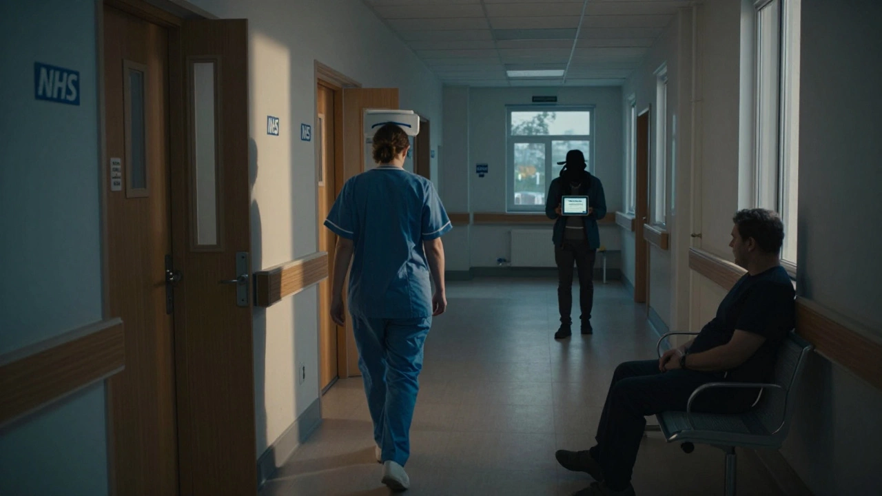 A peaceful NHS hospital corridor at dawn, contrasted with a shadowy figure facing a high medical bill in the US.